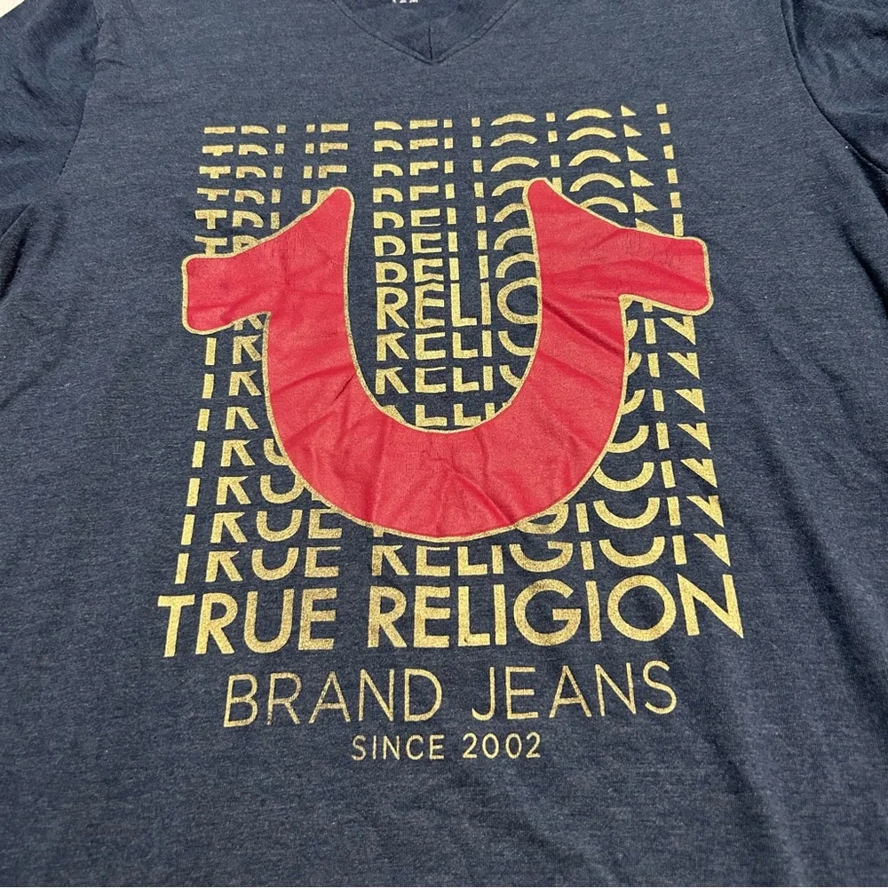 True Religion T-Shirt Medium‎ Men's Loungewear Blue Logo V Neck FLAW